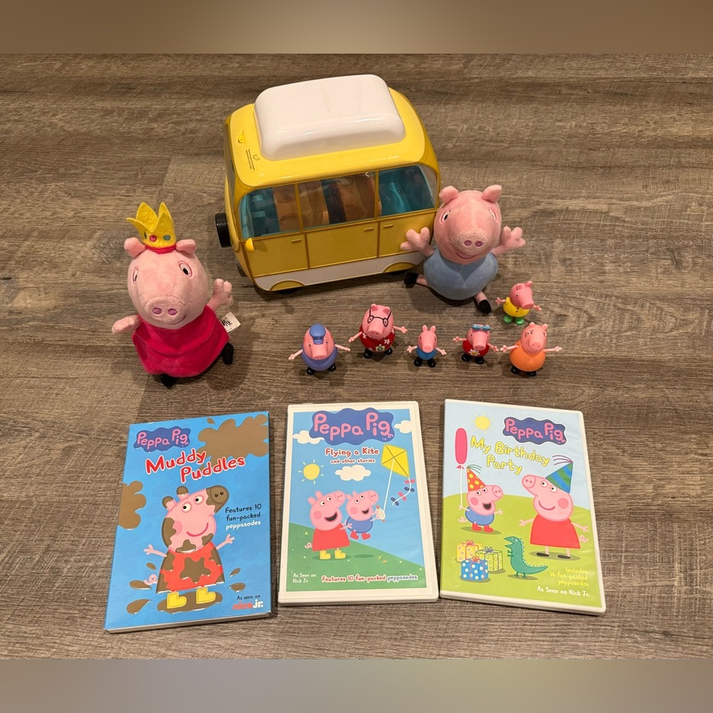 Peppa pig Georgie pig toys, caravan, family figures and DVDs